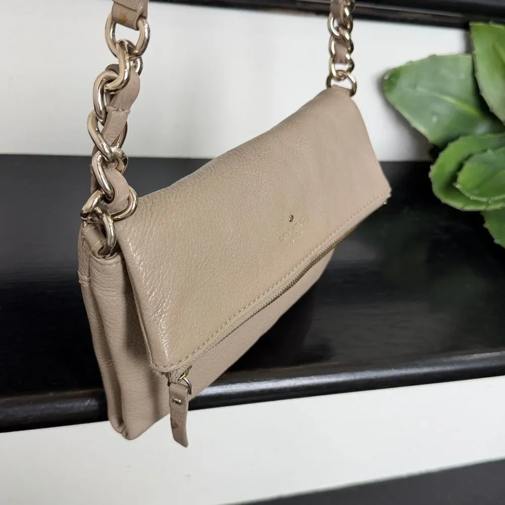 Kate Spade genuine leather taupe foldover crossbody shoulder purse bag neutral